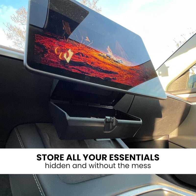 DockCharged Store Hidden Under Screen Storage Box for Tesla Model 3 2019~2023 and 2024 and Earlier Model Y - Closeable Tesla Center Console Organizer - Perfect for Sunglasses, Mobile Phone and Key Cards - Image 4